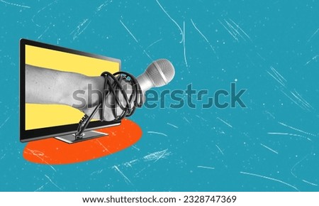 Art magazine picture watching TV journalist interview with microphone. Copying space on blue background.