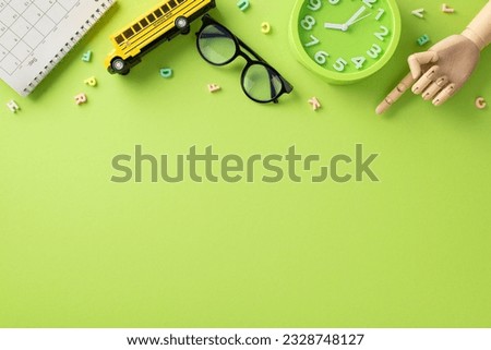 Effective tome management in education concept. Top view pic showing calendar and clock with educational equipment on isolated light green background with copy-space for promotion or text messages