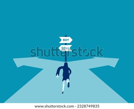 Businesswoman at the business crossroad of buy or sell. Business vector illustration