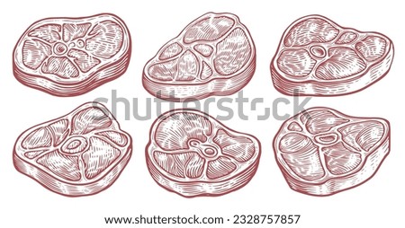 Steak sketch set. Elements for restaurant menu, butcher shop, market. Meat, grilled food vector Illustration