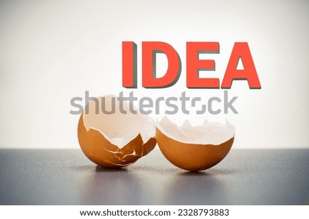 Word idea. Broken egg with IDEA word on light grey background. Selective focus.