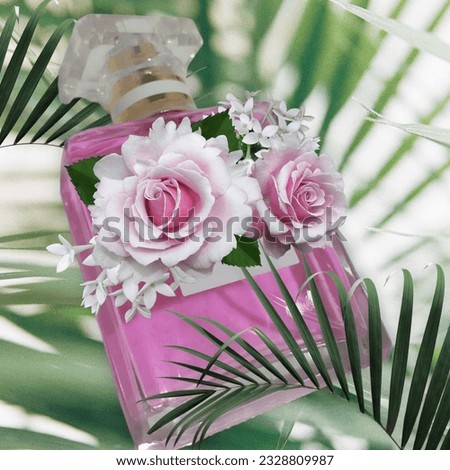 Sweet White Roses Parfum Model with Green Leafs as Background 