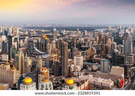 Morning sunrise view of Bangkok city in ratchaprasong area from window of Baiyok hotel room, Bangkok city, Thailand Royalty-Free Stock Photo #2328819341