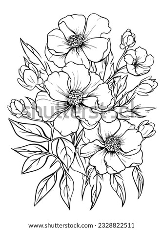 Flowers Coloring Page, Flowers Line Art Vector. Floral Adult Coloring Page.