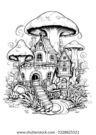 Fairy House Coloring Page, Fairy House Line Art Vector. Fairy House Adult Coloring Page.