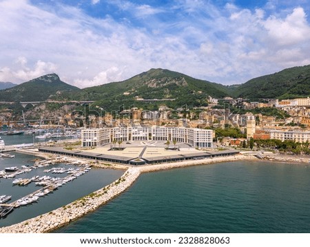 aerial view from the drone of the tourist port of Salerno with the beautiful Piazza della Libertà in the background. We are in Campania Italy Royalty-Free Stock Photo #2328828063