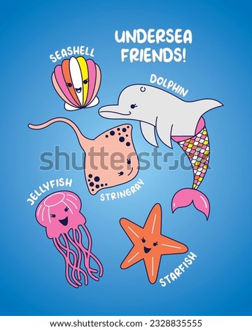 Groovy Style Undersea Animal Art Collection Dolphin Jellyfish Stringray Starfish Seashell