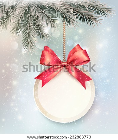 Christmas background with a label and a bow. Vector.