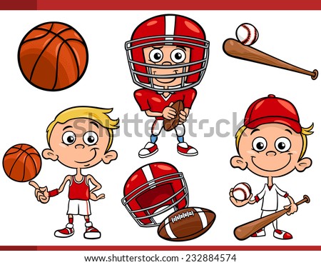 Cartoon Vector Illustration of Funny Boy with American Football and Basketball and Baseball Sport Equipment