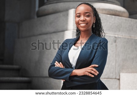 Arms crossed, lawyer or portrait of happy black woman with smile or confidence working in a law firm. Confidence, empowerment or proud African attorney with leadership or vision for legal agency Royalty-Free Stock Photo #2328854645