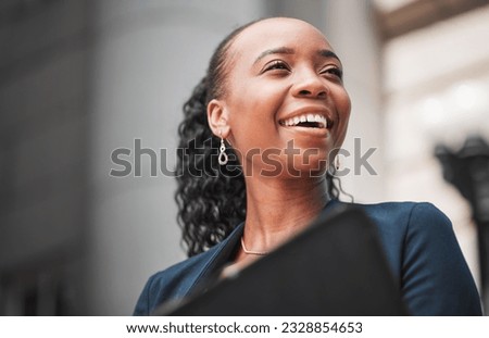Face, happy black woman or lawyer thinking with smile, education or empowerment working in a law firm. Court, constitution or proud African attorney with knowledge, ideas or vision for legal agency