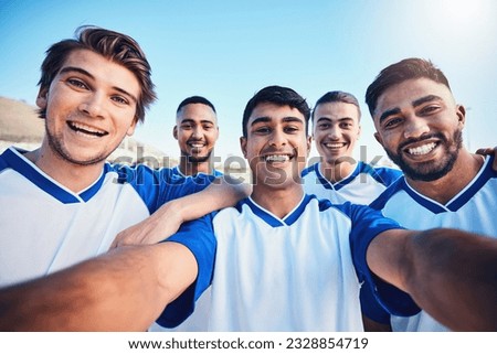Soccer player men, team selfie and field for social media post, memory and smile with friends at training. Football group, happy and photography for profile picture, sports and diversity in sunshine