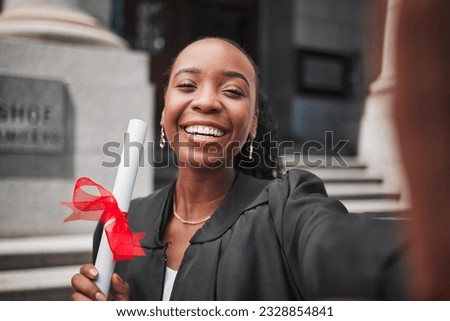 Selfie, black woman and graduation, certificate and celebration memory, university education success and event. Graduate, female person smile in picture outdoor with academic achievement and happy