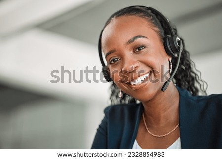 Portrait, telemarketing or black woman with a smile, call center or tech support with headphones. Female person, face or consultant with telecom sales, crm or customer service with help or consulting Royalty-Free Stock Photo #2328854983
