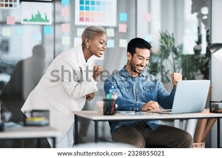 Excited, laptop or professional people celebrate news, online SEO achievement or design agency success. Web designer, winner or diversity team announcement, notification or winning celebration cheers Royalty-Free Stock Photo #2328855021
