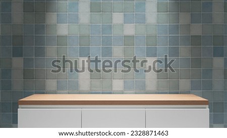 Empty countertop table background with spotlight and tile wall. wooden table countertop background to present text and products.