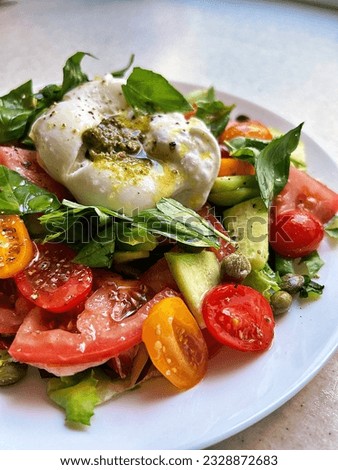 salad plate, fresh burrata with basil pesto, various tomatoes, colorful salad, capers, olive oil, Mediterranean salad, vegetables, healthy food, summer plate