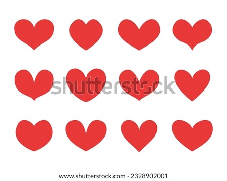 Red hearts set. Red abstract symbols of love, symmetric doodle heart collection. Valentines day clip art elements. Vector illustration isolated on white background