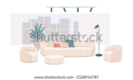 Set of light upholstered furniture with floor lamp, potted plant against background of large window overlooking high-rise buildings of modern city. Vector illustration of sofa, two armchairs, ottoman. Royalty-Free Stock Photo #2328916787