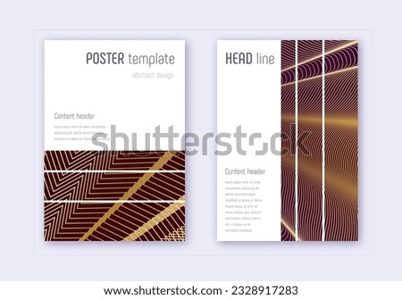 Geometric cover design template set. Gold abstract lines on maroon background. Beautiful cover design. Marvelous catalog, poster, book template etc.