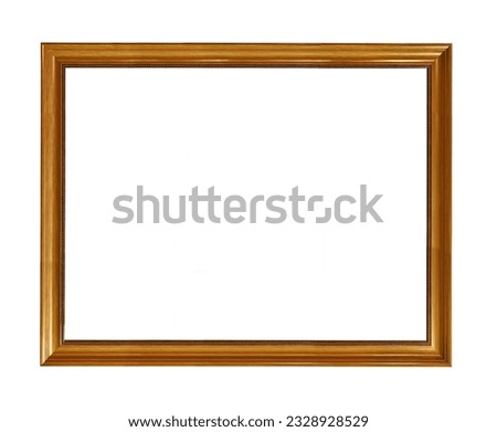 Empty wooden picture frame on blank white background, decorated edges for paintings and art
