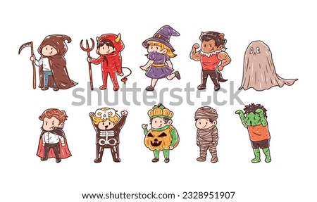 Set of halloween costume character hand drawn illustration