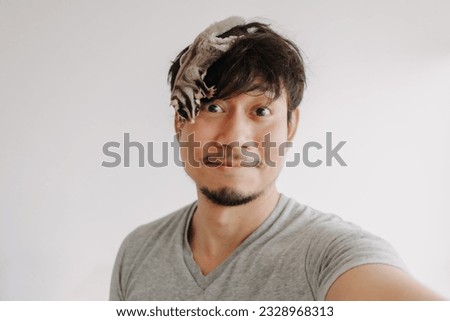 Close up of happy asian man with his Sugar Glider pet climbing around his head.