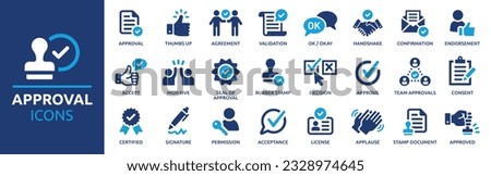 Approval icon set. Containing accept, certified, thumps up, agreement, approve, validation, seal approved, confirmation and decision icons. Solid icon set. Vector illustration. Royalty-Free Stock Photo #2328974645