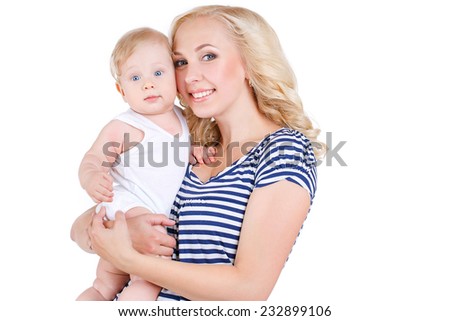 picture of happy mother with baby over white. Mother holding sweet baby boy. 
