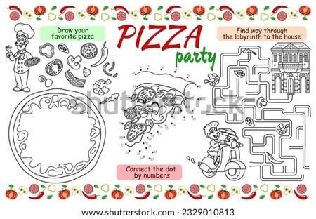 Festive placemat for children. Printable activity sheet "Pizza party" with a labyrinth, connect the dots, and a coloring page. 17x11 inch printable vector file
