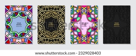 Cover set, vertical templates. Artistic collection of embossed geometric backgrounds with ethnic 3D pattern, golden texture. Tribal traditions, boho style of East, Asia, India, Mexico, Aztec, Peru.
