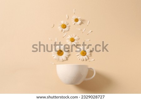 White cup and chamomile flowers on a blue background. Chamomiles come out of the cup like steam. Chamomile tea concept. Flat lay, top view. Royalty-Free Stock Photo #2329028727