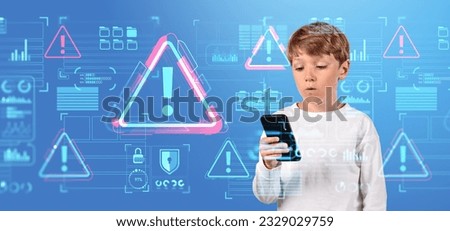 School kid using phone in hands, surprised look. Exclamation mark and system alert hologram with glowing digital icons, infographics and dashboard. Concept of parental control and cyber crime