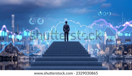 Businessman on the top of stairs looking at virtual screen with lines, big business data research and bar chart with indicators. Concept of leadership, success and development