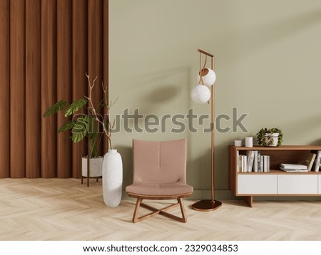 Stylish home living room interior with armchair and golden lamp, books and minimal decoration on hardwood floor. Cozy relax place with sideboard in studio apartment. 3D rendering