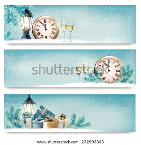 Three Christmas, New Year banners with gift boxes, lanterns and champagne. Vector. 