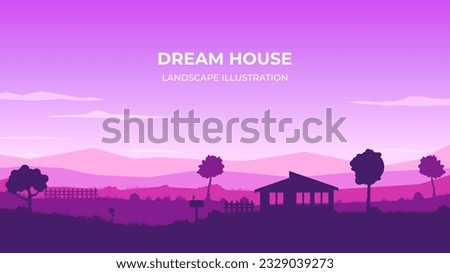 Landscape silhouette illustration of a house against a backdrop of hills. Vector illustration of a dream house. Silhouettes of fence and trees and bushes.