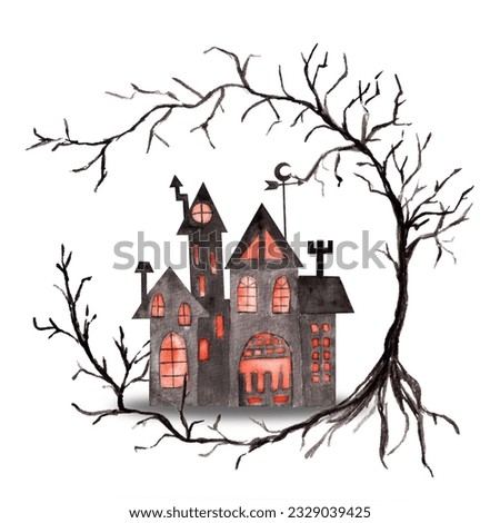 Hand drawn autumn season halloween party card with dark grey black haunted castle home and lighted windows on background with tree without leaves