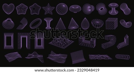Set of wireframe 3D geometric shapes. Abstract figures, Distorted mesh grids. Mountains, Cone, distorted planes, arcs, cube, black hole, globe. Isolated Graphic design elements. Editable strokes. Royalty-Free Stock Photo #2329048419