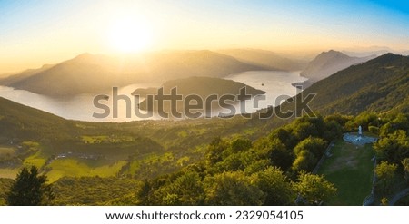 Aerial panoramic drone view of beautiful Monte Isola island. Italian lakes scenery. Iseo lake, Lombardy, Italy Royalty-Free Stock Photo #2329054105