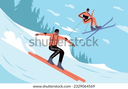 Happy people go skiing. Cartoon skiers in snow. Mountain slope. Athletes in winter forest. Extreme sport. High speed downhill. Active leisure. Sportsman jumping with ski Royalty-Free Stock Photo #2329064569