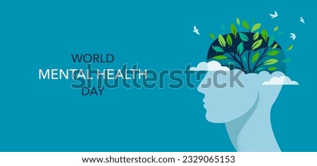 World Mental Health day, concept design with abstract human head profile, flowers and birds. Vector Illustration 