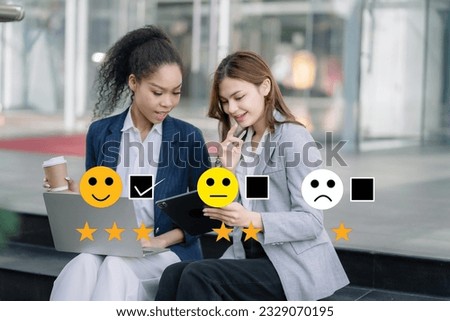 Woman holding a digital tablet with checkboxes rating smiley faces excellent for Satisfaction Survey, Happy Client Customer Experience concept.