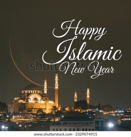 Happy islamic new year concept image with Suleymaniye Mosque and crescent moon. Hijri new year concept. Royalty-Free Stock Photo #2329074915