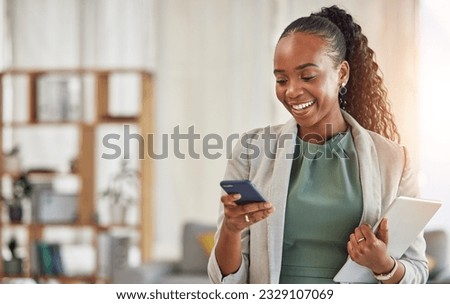 Happy black woman, phone and communication at office with smile in networking or social media. African female person or employee enjoying online browsing or chat on mobile smartphone app at workplace Royalty-Free Stock Photo #2329107069