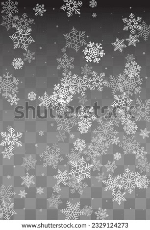 White Snowfall Vector Transparent Background. New Gray Snowflake Pattern. Snow Fantasy Texture.