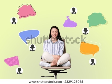 Communication, dialogue. Smiling woman sitting in office chair against beige background. Avatars with speech bubbles around her