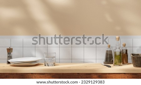 Kitchen wooden countertop background with sunlight beams and window and leaf shadows with copy space. wooden table empty space for presentation and design. cozy home summer background. Royalty-Free Stock Photo #2329129383