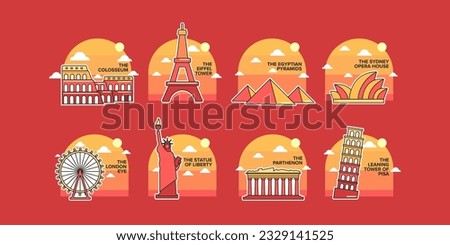 
the colosseum, the eiffel tower, the egyptian pyramids, the sydney opera house, the london eye, the statue of liberty, the parthenon, the leaning tower of pisa flat city icons illustrations sunset Royalty-Free Stock Photo #2329141525