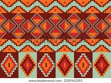 abstract ethnic seamless fabric pattern background, orange, red and green colors, geometric template for wallpaper, poster.